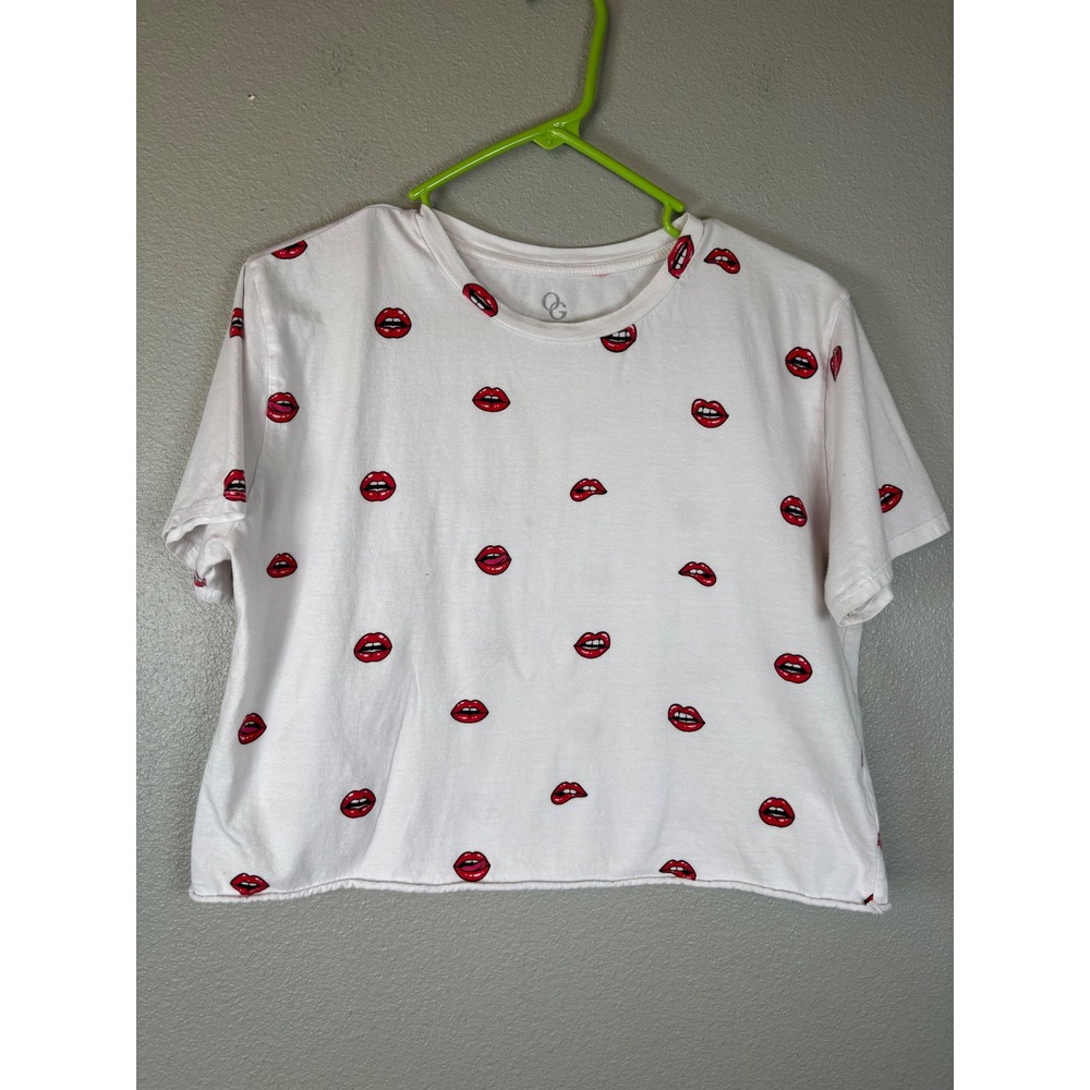 Organic Generation Womens White Red Lips Print Cotton Crop Top T-Shirt Large